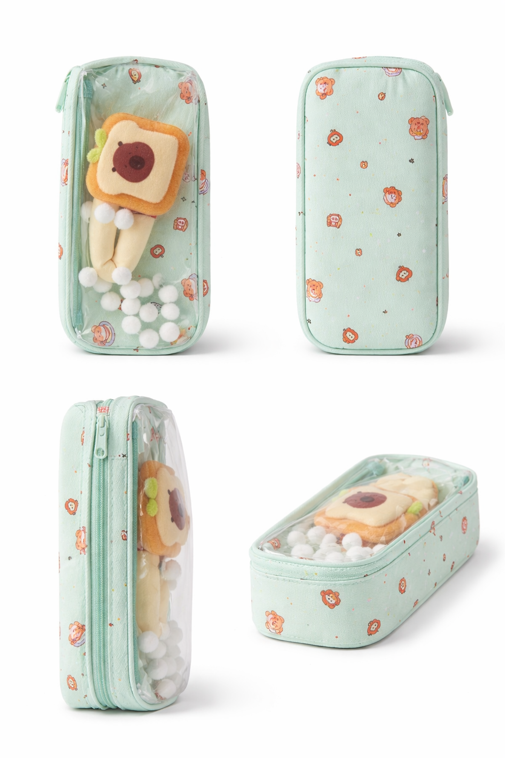 Cute Transparent Bear Pencil Pouch with 3D Plush – Aesthetic Zipper Case for Kids